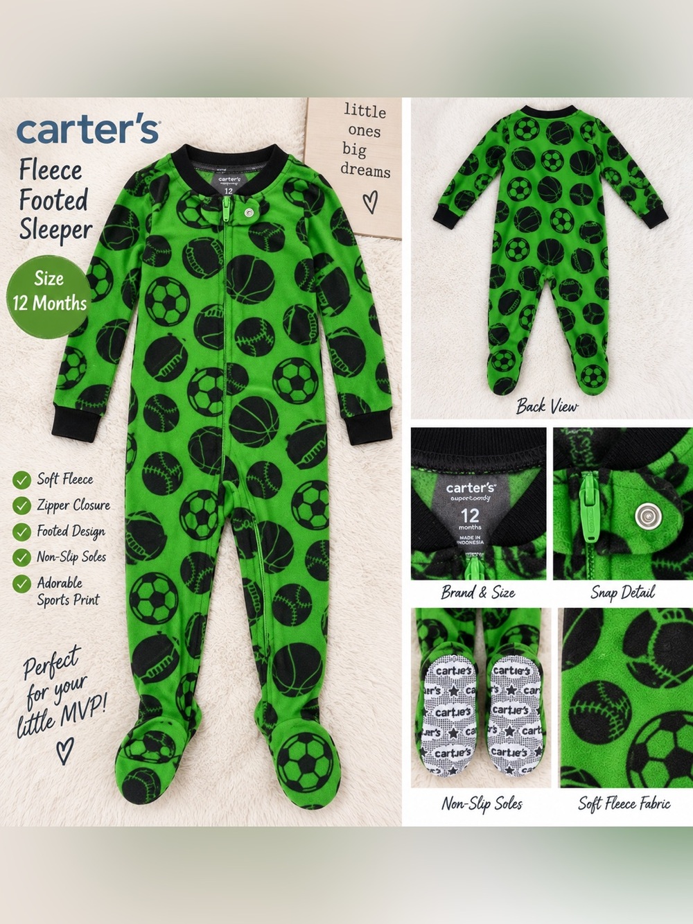 💚 Carter’s Fleece Footed Sleeper Sports Print Green — 12 Months